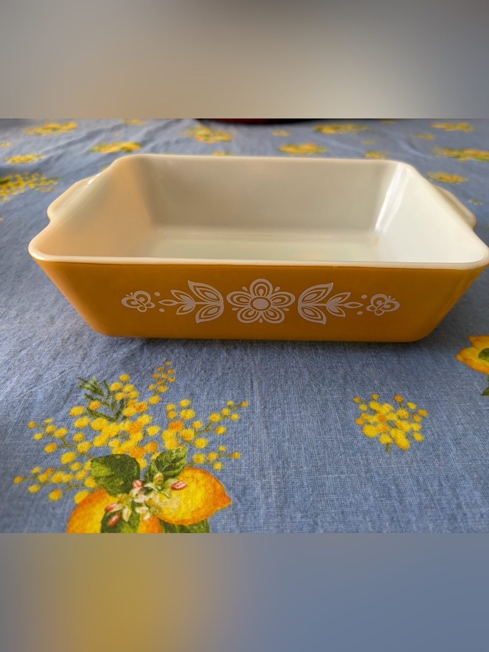 Pyrex Yellow Floral Casserole Dish with White Interior vintage